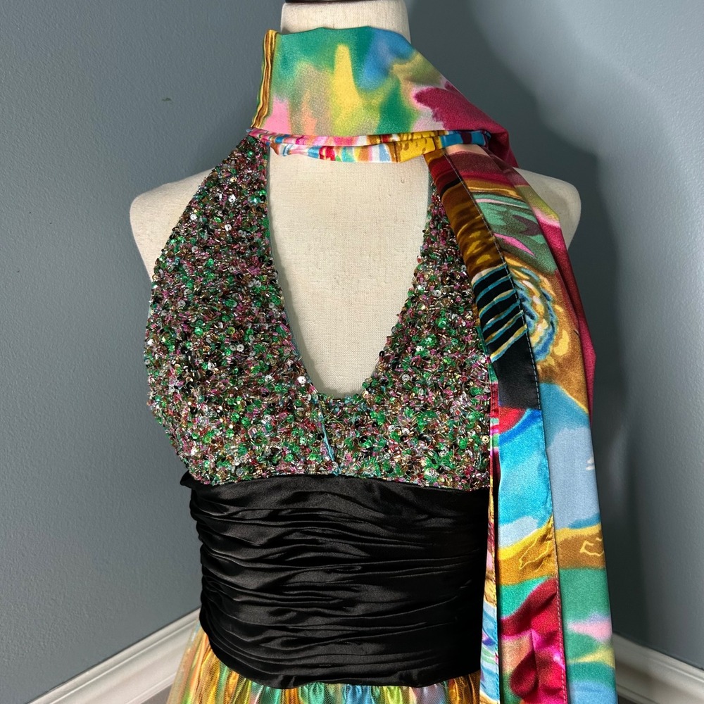 Cinderella Divine Halter Gown Sequin Beaded Abstract art Print Prom Dress Y2K - Picture 11 of 14